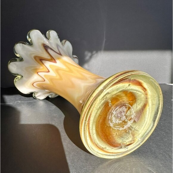 Hand Blown Vase Murano Style Pulled Finger Swung Art Glass Amber Brown White 10. - Picture 6 of 6